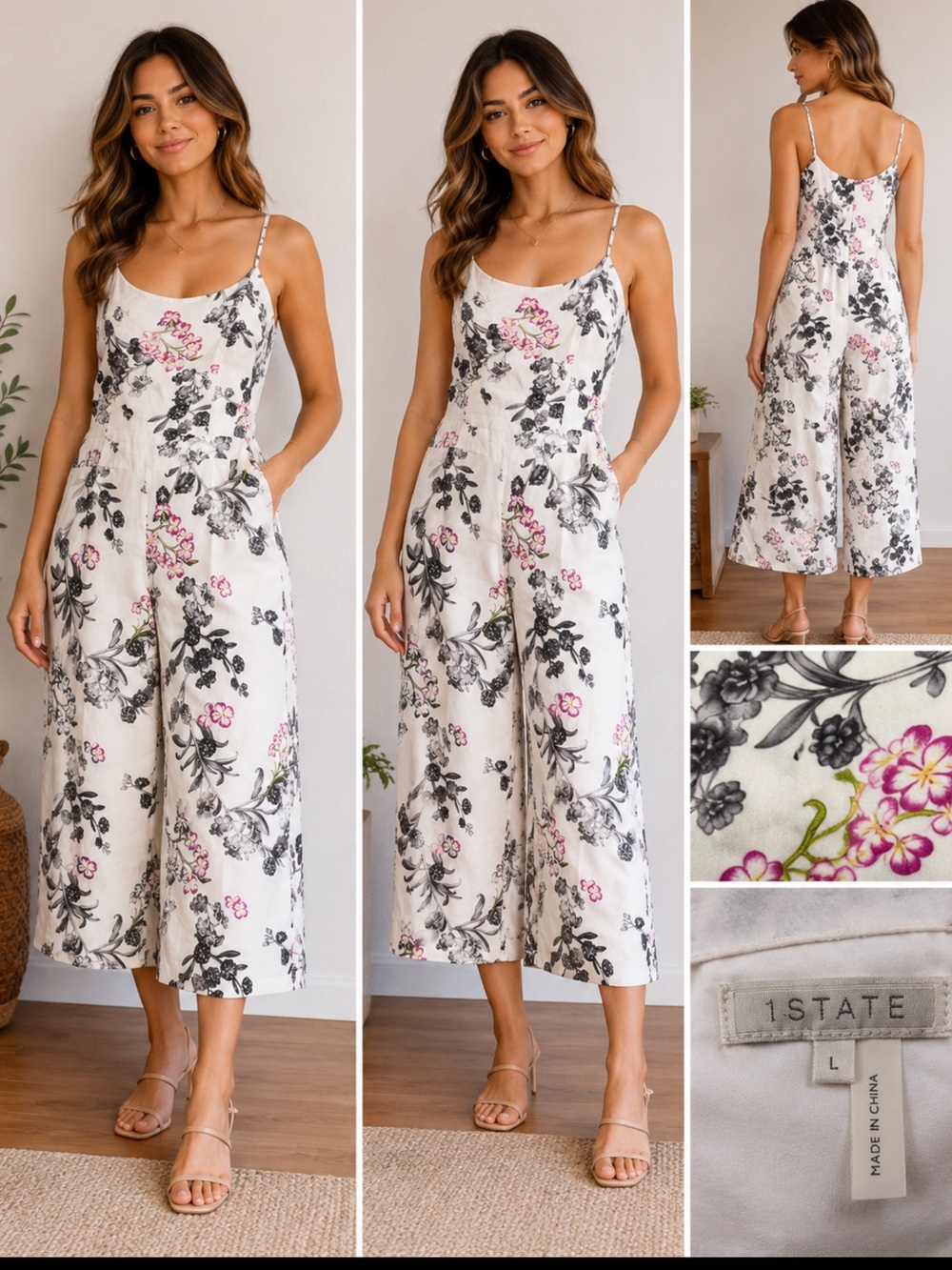 1.STATE Floral Print Sleeveless Cropped Jumpsuit Women’s Size Large